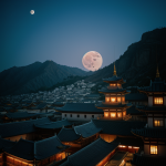 A breathtaking view of the moon casting a soft glow over the intricate and historical rooftops of ancient temples, creating a peaceful and enchanting night scene.