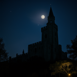A mesmerizing view of moonlight casting an enchanting glow on ancient castle towers, creating a captivating silhouette against the night sky.