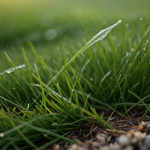 A close-up view of glistening morning dew on grass blades, capturing the serene beauty and simplicity of nature's daily wonder.