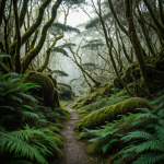 A tranquil path winds through a lush, mossy jungle, surrounded by dense green foliage, offering a serene and inviting nature escape.
