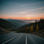 A breathtaking view of a winding mountain road at sunset, with vibrant colors painting the sky, offering a serene and picturesque landscape.