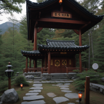 A serene mountain shrine with a lantern-lit path, offering a tranquil and picturesque journey through nature and spirituality.