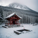 A tranquil mountain shrine blanketed in snow, capturing the serene beauty and peaceful ambiance of a winter landscape.