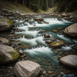 A picturesque mountain stream flows gracefully through rugged rocks, surrounded by lush greenery, under a clear blue sky.