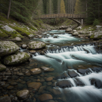 A peaceful mountain stream flowing under a rustic bridge surrounded by lush greenery, offering a serene natural escape.