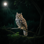 An owl perched quietly in a moonlit forest, capturing the serene and mystical atmosphere of the night, showcasing its nocturnal beauty.