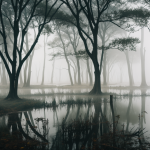 An enchanting view of a mystical swamp shrouded in a mysterious fog, highlighting the ethereal beauty of nature in a captivating landscape.