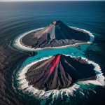 A stunning view of a mystical volcano island surrounded by the ocean, showcasing its unique geological features and vibrant marine life.