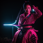 A striking neon samurai warrior in glowing armor, blending traditional samurai culture with futuristic neon aesthetics.