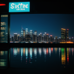 A beautiful neon skyline reflected on water, showcasing vibrant city lights in a mesmerizing urban nightscape.