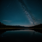 A breathtaking view of the night sky perfectly mirrored in a calm lake, showcasing starry reflections and serene natural beauty.