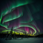 A breathtaking display of the northern lights illuminating the night sky over a dense forest, showcasing vibrant hues of green, pink, and purple.