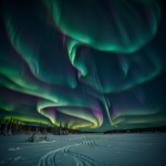 Stunning display of northern lights illuminating the sky over a tranquil frozen lake, creating a mesmerizing natural spectacle.