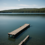 A tranquil scene of an old pier extending over a still lake, with calm waters reflecting the surrounding natural beauty, creating a peaceful atmosphere.