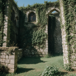 A captivating view of old stone ruins covered in lush green vines, showcasing the beauty of nature reclaiming ancient architecture.