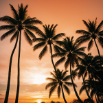 A picturesque view of palm trees silhouetted against a vibrant orange sky, creating a stunning tropical sunset scene with warm and vivid colors.