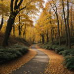 A serene path through an autumn forest with vibrant orange, red, and yellow leaves creating a picturesque natural landscape.
