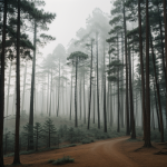 A tranquil pine forest scene with morning mist enveloping the tall trees, capturing the serene beauty and peaceful atmosphere of nature's embrace.