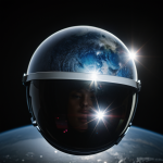 A stunning view of the planet's reflection on an astronaut's helmet visor, showcasing the beauty and vastness of the universe in a captivating display.