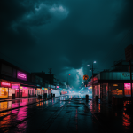 A mesmerizing scene of rain falling through vibrant neon lights, showcasing a stunning interplay of colors and nature in an urban setting.