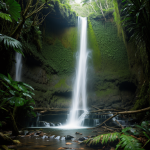 A breathtaking view of a cascading waterfall amidst lush green rainforest, showcasing the serene beauty and natural wonder of tropical landscapes.