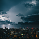 A dramatic rainstorm envelops a bustling city skyline, showcasing the interplay of dark clouds and urban lights, capturing nature's power over the city.
