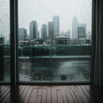 A rainy window overlooking a serene city skyline, capturing the tranquil and reflective mood of an urban landscape during rainfall.