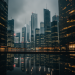 A stunning reflection of skyscrapers in rain-soaked streets, showcasing the beauty of urban landscapes transformed by wet weather and city lights.