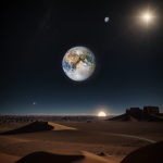 A stunning ringed planet rises above a vast desert landscape, showcasing the harmony between celestial wonders and earthly beauty.