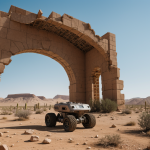 A sprawling desert landscape with ancient robot ruins, showcasing the blend of technology and nature under the bright sun.