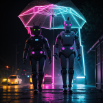 A group of robots walking through a vibrant neon rain, showcasing a futuristic blend of technology and nature in a captivating display.