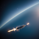 A powerful rocket leaving Earth's atmosphere, showcasing its journey into space with a trail of flames against a starry sky.