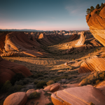 A breathtaking view of a rocky canyon illuminated by the warm glow of dawn, showcasing the rugged terrain and tranquil beauty of nature as the sun rises.