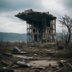 A once bustling city now overtaken by nature, with lush vegetation enveloping abandoned buildings, showcasing nature's resilience and beauty.