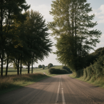 A scenic rural road winding through the peaceful countryside, flanked by lush greenery and rolling hills under a clear blue sky.