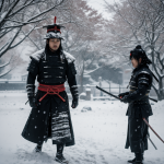 A majestic samurai stands in serene contemplation as snow gently falls around, embodying the essence of grace and timeless strength.