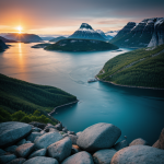 A breathtaking Scandinavian fjord sunrise with vibrant colors reflecting off tranquil waters, creating a serene and awe-inspiring natural spectacle.