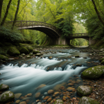 A picturesque bridge spanning a tranquil forest river, surrounded by lush greenery, offering a serene escape into nature's beauty.