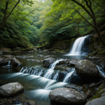 A serene zen waterfall scene with cascading water, surrounded by lush greenery, creating an atmosphere of tranquility and peace.