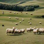 A flock of sheep peacefully grazing on rolling green hills under a clear blue sky, embodying rural charm and natural serenity.
