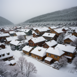 A peaceful village blanketed in snow, showcasing picturesque winter scenes and serene charm, with every roof and path covered in a soft, white layer.