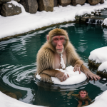 A snow monkey leisurely soaking in a steaming hot spring surrounded by snow, showcasing the tranquility of Japanese macaques in their natural winter habitat.