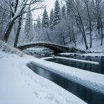 A serene snowy bridge in a quiet forest, capturing the tranquil beauty of winter's embrace.