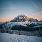A breathtaking view of a snowy mountain at sunrise, with pink and golden hues illuminating the peaks, showcasing nature's serene beauty and tranquility.