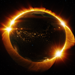 A stunning visual of a solar flare erupting over Earth, showcasing vibrant colors and dynamic energy, highlighting the sun's immense power and celestial beauty.