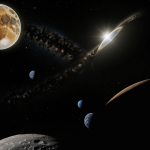 A breathtaking view of the solar system from the Moon's surface, showcasing planets, stars, and the Sun in a cosmic panorama.