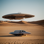 A futuristic spaceship gracefully landing in the vast expanse of a desert, blending advanced technology with the natural beauty of the sandy, arid landscape.