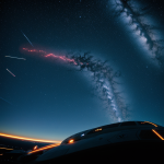 A fleet of starships leaving vibrant warp trails as they travel through the starry cosmos, capturing the essence of futuristic space exploration.