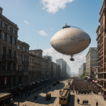 A grand steampunk airship majestically hovering over a sprawling cityscape, showcasing intricate Victorian-inspired designs and futuristic elements.