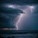 A stunning display of storm lightning flashing over a dark, turbulent sea, capturing the dramatic interaction between nature's elements.